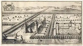 Castellum Bouchaut etching made by Jacobys Harrewijn in 1706. This copper etching displays Bouchout Castle after its "Renaissance makeover" by Peter-Ferdinand Roose at the end of the 17th century.