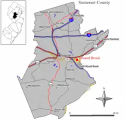 Location of Bound Brook in Somerset County highlighted in yellow (right). Inset map: Location of Somerset County in New Jersey highlighted in black (left).