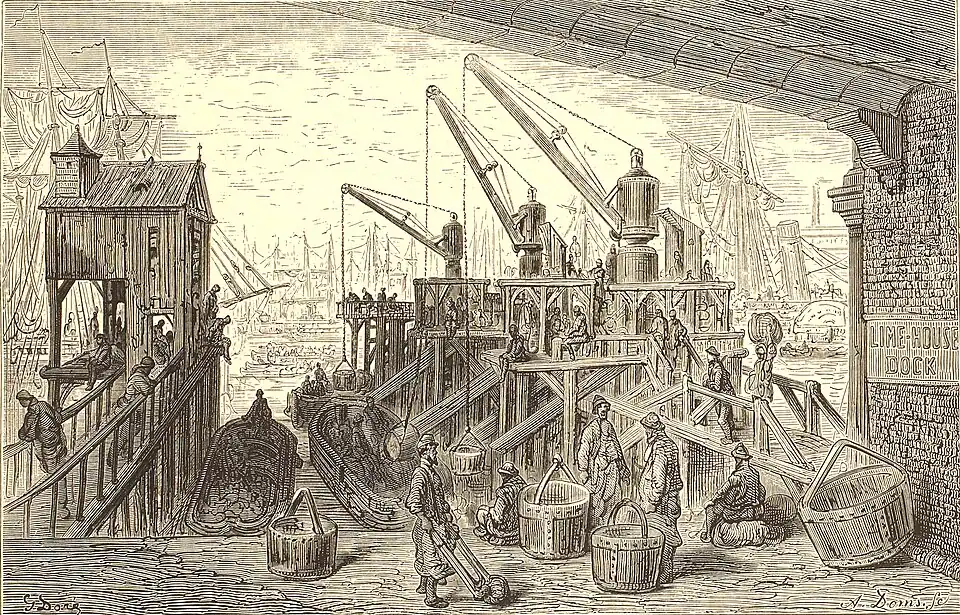 The north quay jetty drawn by Gustave Doré.[40] Notice hydraulic cranes.