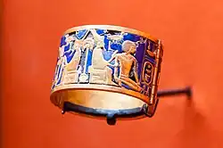 Bracelet of Ahhotep II naming Pharaoh Ahmose I in blue lapis lazuli stone, carved with hieroglyphs and figures of kings and thrones