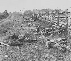 Black and white photograph showing several dead soldiers on the ground along a wooden fence.