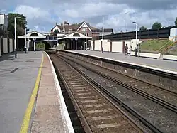 A view of the railway station from the platform looking along the tracks