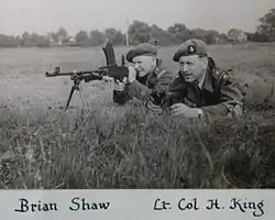 Shaw (left), 5th Battalion Sherwood Foresters at Bisley 1947, firing a Bren light machine gun. The 5th Battalion team won the 'China Cup', 'Velongdis Cup' and 'Lewis 9mm' cup at Bisley in 1947
