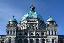 The Parliament Buildings roof with a gilded statue of George Vancouver