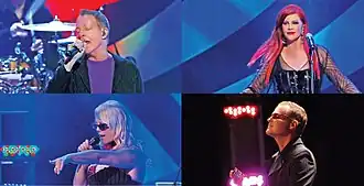 The B-52s performing live in 2011. Left to right, top to bottom: Fred Schneider, Kate Pierson, Cindy Wilson, Keith Strickland.
