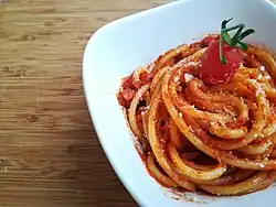 Bucatini with amatriciana sauce. Pasta is considered one of the national dishes of Italy