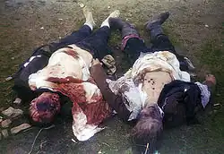 Bodies of two SS guards who were killed in the Ohrdruf concentration camp soon after the liberation.