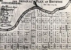 The "Original Plan of Houston" shows a city hugging Buffalo Bayou with space reserved for a courthouse, churches, and schools. (1869)