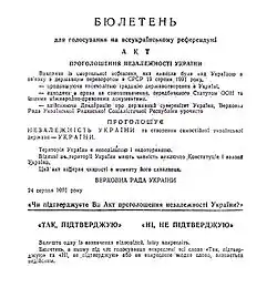 Declaration of Independence of Ukraine. As printed on the ballot for the national referendum on December 1, 1991.