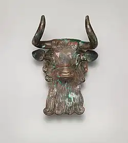 Bull's head ornament from a lyre; 2600–2350 BC; bronze inlaid with shell and lapis lazuli; height: 13.3&nbsp;cm, width: 10.5&nbsp;cm; Metropolitan Museum of Art