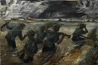 Royal West Kents making an armed patrol deep in flooded paddy fields during the battle. Painting by Leslie Cole
