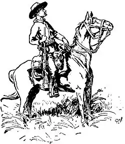 Baden-Powell's sketch of Chief of Scouts Burnham, Matopos Hills, 1896. Burnham is seated on a horse with his rifle at his side, and he is wearing his Stetson hat and neckerchief. Both Burnham and his horse are shown profile, facing right.
