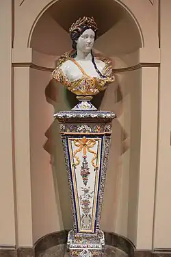 Baroque&nbsp;– Summer as Ceres, part of a series of anthropomorphic busts of the four seasons, a polychrome example of Rouen faience, c. 1730, faience, Louvre[37]