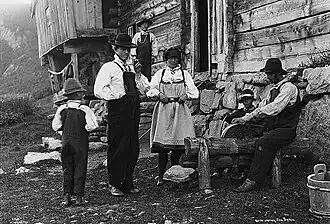 Older picture from Setesdal where the locals are wearing the local version of the national costume.