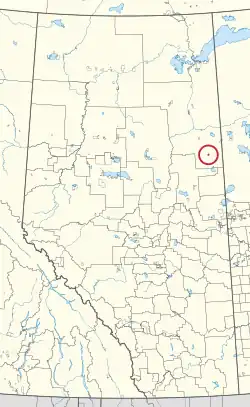 A map of the province of Alberta showing 80 counties and 145 small Indian reserves. One is highlighted with a red circle.