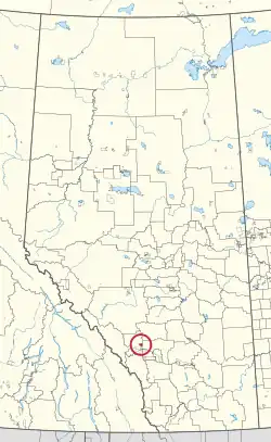 A map of the province of Alberta showing 80 counties and 145 small Indian reserves. One is highlighted with a red circle.
