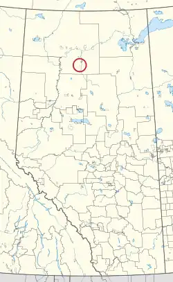 A map of the province of Alberta, showing 80 counties and 145 small Indian reserves. One is highlighted with a red circle.