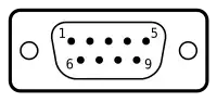 Pin numbering looking into a, male DE-9 connector.