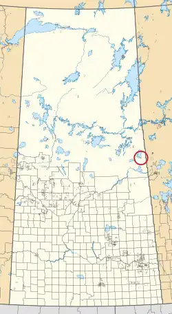 A map of the province of Saskatchewan showing 297 rural municipalities and hundreds of small Indian reserves. One is highlighted with a red circle.