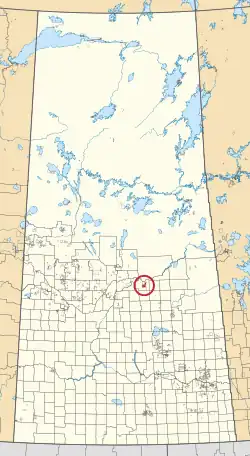 A map of the province of Saskatchewan showing 297 rural municipalities and hundreds of small Indian reserves. One is highlighted with a red circle.
