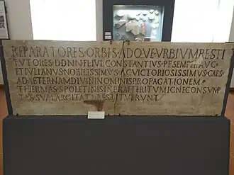 Inscription celebrating the restoration of the Baths of Spoletium, by order of Emperor Constantius II and caesar Julian (CIL XI, 4781)
