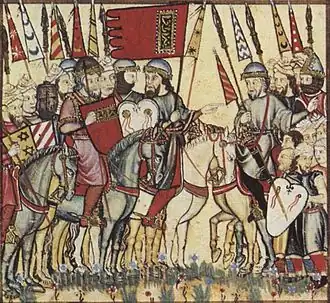 Muhammad I of Granada leading his troops during the Mudéjar revolt of 1264–66, illustrated in the contemporary Cantigas de Santa Maria