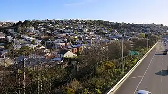 Calton Hill, as seen from above the Dunedin Southern Motorway.