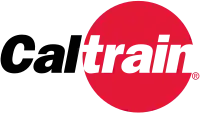 Cal in black letters, with train inscribed within a red circle, all letters italicized