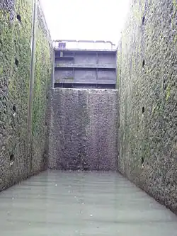 The cill exposed in the deep Pont de Flandre lock on the Canal Saint-Denis, Paris.