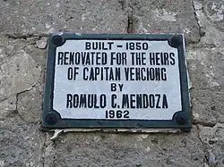 A marker beside the Capitan Venciong house stating its date of construction and renovation.