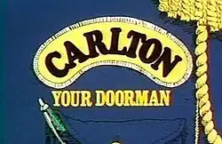 A color image of a block of text saying "CARLTON YOUR DOORMAN", where "Carlton" is surrounded by yellow and the background is blue