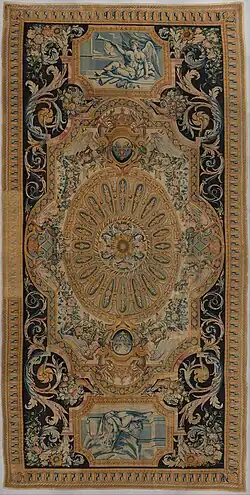 Carpet with fame and fortitude; 1668–1685; knotted and cut wool pile, woven with about 90 knots per square inch; 909.3 x 459.7 cm; Metropolitan Museum of Art