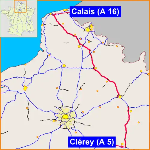 Autoroute&nbsp;A26 connecting Arras with Calais and Reims.