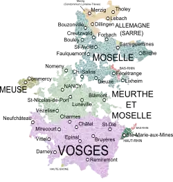 Map of the Duchy of Lorraine (1756), showing its somewhat dispersed communes by region of France and Germany, for the latter the English and German term for the region is Saarland.