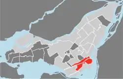 Location on the Island of Montreal. (Dark grey areas indicate demerged municipalities).
