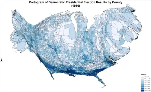Cartogram shaded according to percentage of the vote for Wilson