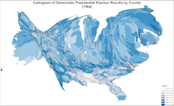 Cartogram of Democratic presidential election results by county