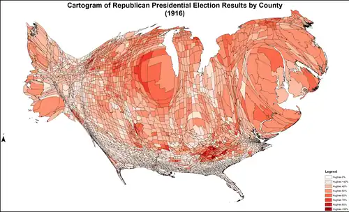 Cartogram shaded according to percentage of the vote for Hughes