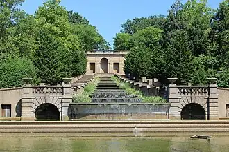 A waterfall in a park and a reflecting pool in the foreground