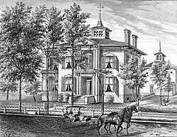 engraving of house with horse carriage