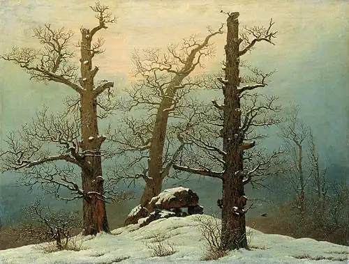 Image 7 Cairn in Snow Painting: Caspar David Friedrich Cairn in Snow is a landscape painting by Caspar David Friedrich that was completed in 1807. The painting is a Romantic allegorical landscape, showing a pagan burial site between three oaks, near the town Gützkow in Germany. It is held by the Galerie Neue Meister in Dresden, Germany.