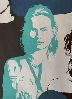 A blue and white depiction of Leticia Sardá on fabric