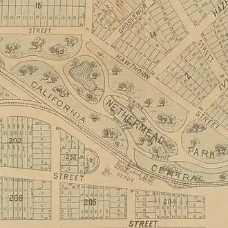 Centinela Creek, Centinela Springs pond, Centinela Park, and Inglewood Depot, with rail lines to Port Ballona and Redondo Beach via Redondo Junction, 1888