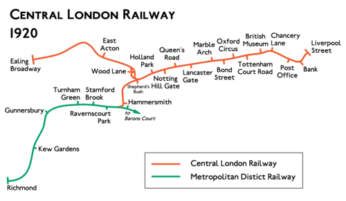 Route diagram showing the railway running from Ealing Broadway at left to Liverpool Street at right, with branch heading from Shepherd's Bush to the bottom left to connect to existing route to Richmond at Hammersmith