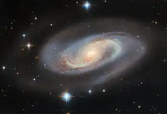 A spiral galaxy, seen at an angle that gives it an oval shape. It has two spiral arms that curl out from the centre. They start narrow but broaden out as they wrap around the galaxy before merging into a faint halo. The galaxy’s disc is golden in the centre with a bright core, and pale blue outside that. A swirl of dark dust strands and speckled blue star-forming regions follow the arms through the disc.