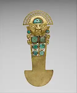 Ceremonial knife (tumi); 10th-13th century; gold, turquoise, greenstone & shell; height: 33&nbsp;cm (1&nbsp;ft. 1 in.); Metropolitan Museum of Art