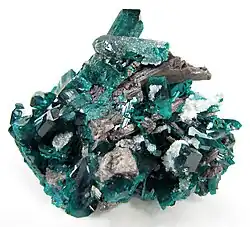 Dioptase with Cerussite, Christoff Mine, Kunene Region, Namibia. 6.9 × 5.7 × 4.8&nbsp;cm