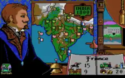 In this screenshot, a French consul is pointing to a map of India, which displays flags in various places of the country. The interface to the right of the consul displays a book containing data on the player's progress.
