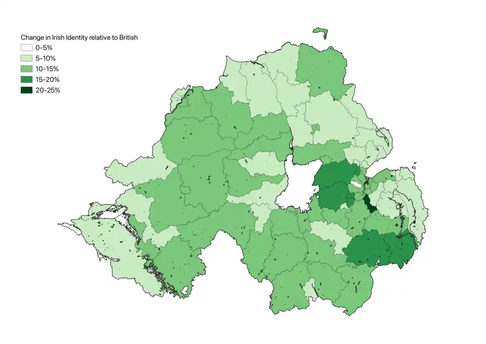 Swing from British to Irish identity by DEA (2014) from 2011 to 2021 censuses