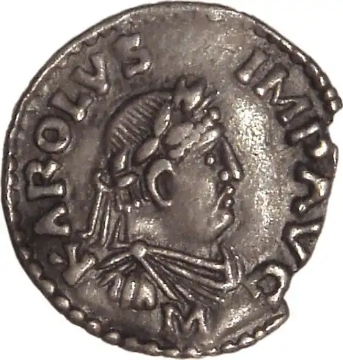Obverse of a Charlemagne denier (a silver coin) coined in Mainz from 812 to 814, now at the Cabinet des Médailles in Paris.